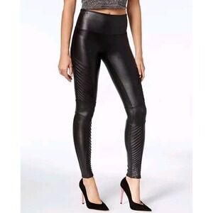 SPANX High Waisted Moto Leggings Black Faux‎ Leather Sz L Edgy Rocker